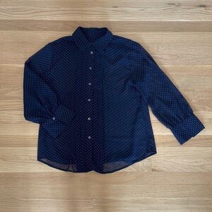 Navy with pink polka dot shirt, size small